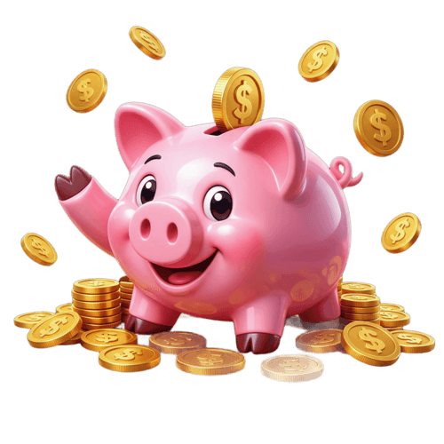A cheerful 3xSusu piggy bank mascot with coins